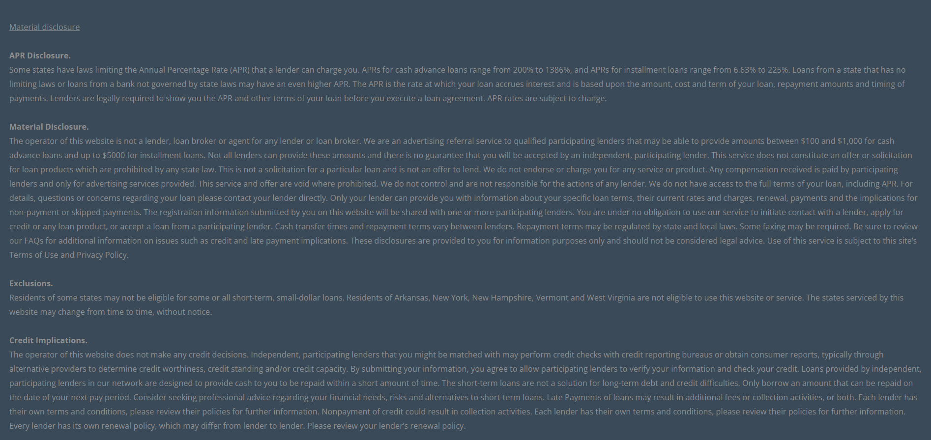 Material disclosure for payday loans in Long Beach California